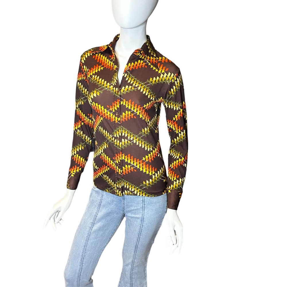 Vintage 70s Mod Geometric Brown Dagger Collar Shirt XS